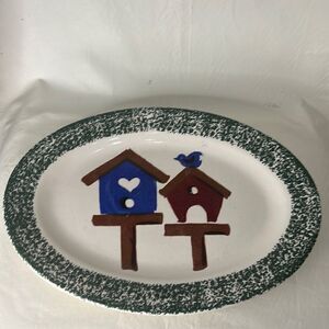 Gibson Housewares Blue Bird Birdhouse Serving Platter Blue Red Green White Brown